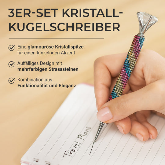 3er-Set Kugelschreiber mit Strassbesatz und Diamantspitze, inkl. 3 blauer Ersatzminen, 15cm,, Mehrfarbig