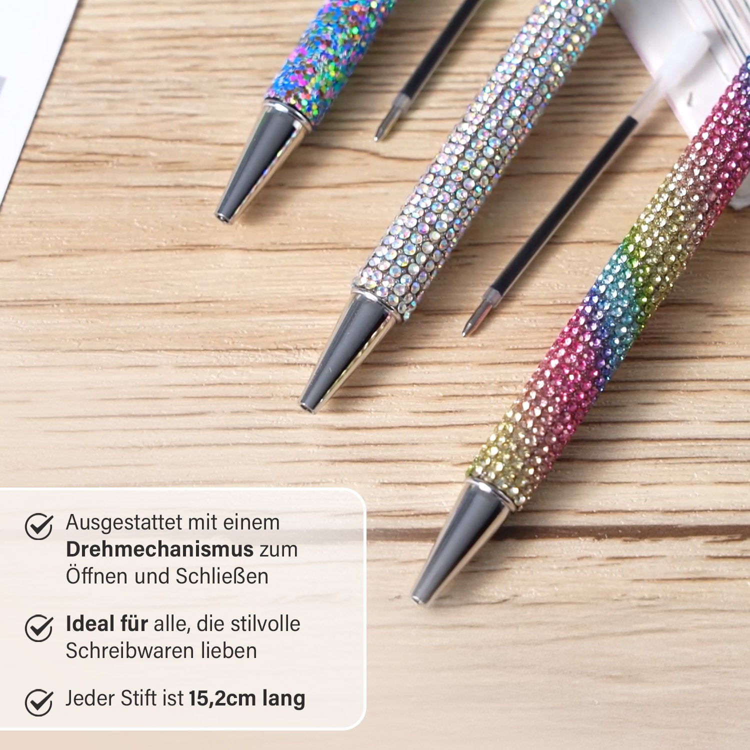3er-Set Kugelschreiber mit Strassbesatz und Diamantspitze, inkl. 3 blauer Ersatzminen, 15cm,, Mehrfarbig