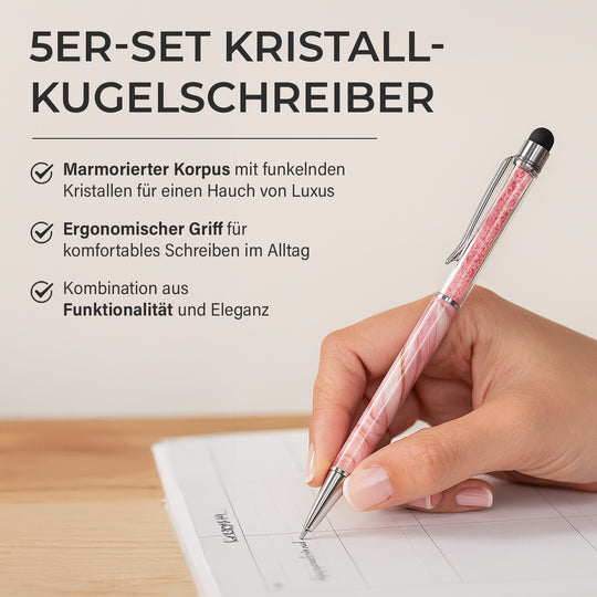 Set aus 5 Kugelschreibern mit Kristall-Optik und silbernem Metallkopf, 14 cm, Mehrfarbig