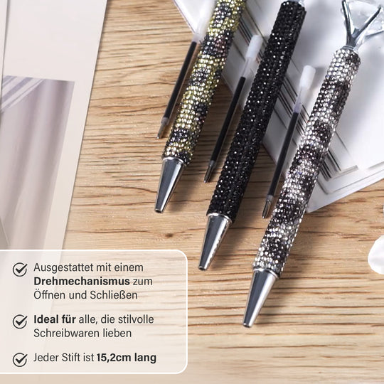 3er-Set - Kugelschreiber mit Strass und Kristall, Leoparden-Design, inkl. 3 Ersatzminen, Metall, 15.2?cm, Mehrfarbig