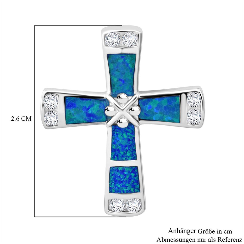Simulierter Blauer Opal, Weißer Zirkonia Anhänger 925 Silber rhodiniert