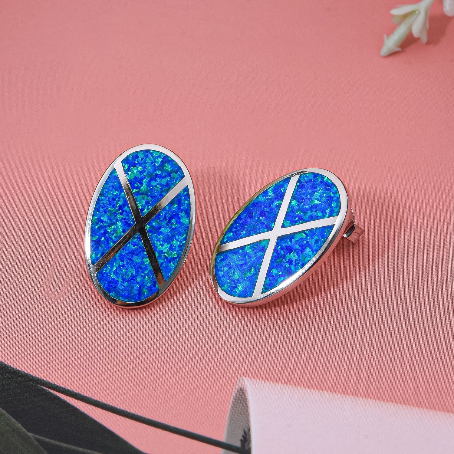 Simulierter Blauer Opal Ohrringe 925 Silber rhodiniert