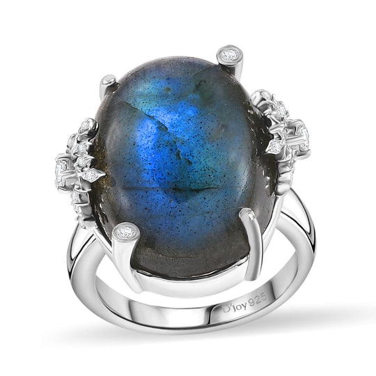 GP Kollektion - AAA Labradorit, Weißer Zirkon Ring 925 Silber rhodiniert (Größe 18.00) ca. 18.65 ct
