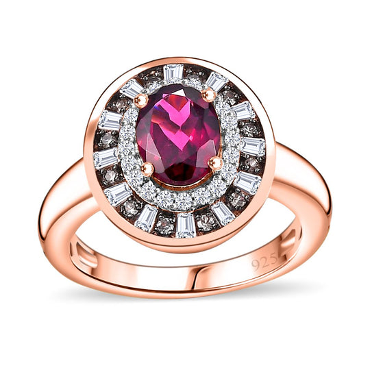 Natürlicher Rhodolith Granat, Weißer und Champagner Zirkon Ring 925 Silber 750 Roségold Vermeil (Größe 19.00) ca. 2.37 ct