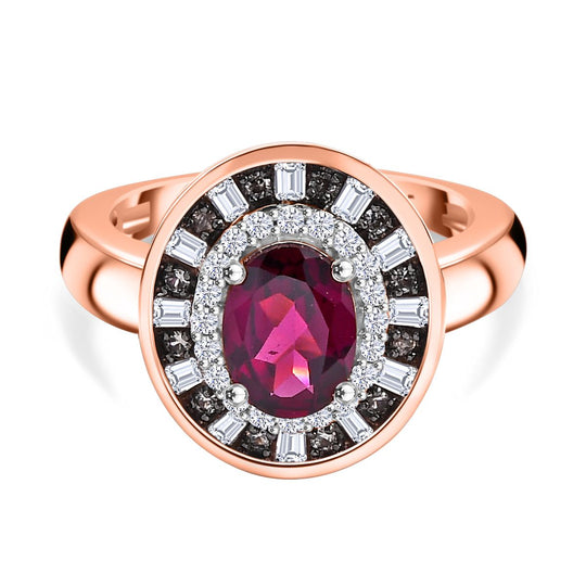 Natürlicher Rhodolith Granat, Weißer und Champagner Zirkon Ring 925 Silber 750 Roségold Vermeil (Größe 19.00) ca. 2.37 ct