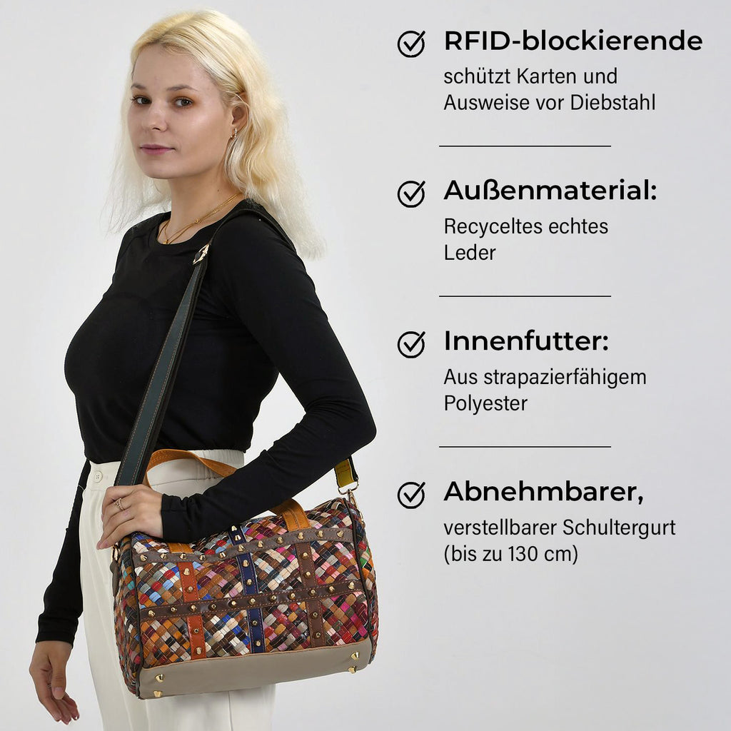 Chaos by Elsie, Crossbody-Tasche aus echtem Leder, Multicolor, mit RFID-Schutz und Mini-Taschenlampe, ca. 31,5 x 17,5 x 19,5 cm