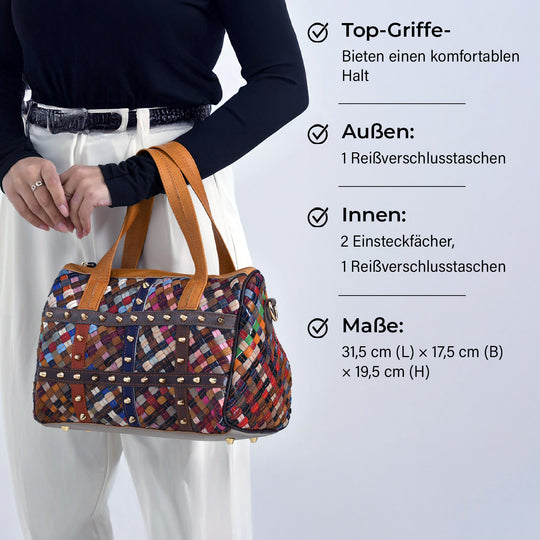 Chaos by Elsie, Crossbody-Tasche aus echtem Leder, Multicolor, mit RFID-Schutz und Mini-Taschenlampe, ca. 31,5 x 17,5 x 19,5 cm
