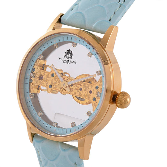William Hunt Automatik-Uhr, Edelstahlgehäuse, Hohles Zifferblatt mit weißen Kristallen, rosa Lederarmband, 5ATM wasserdicht