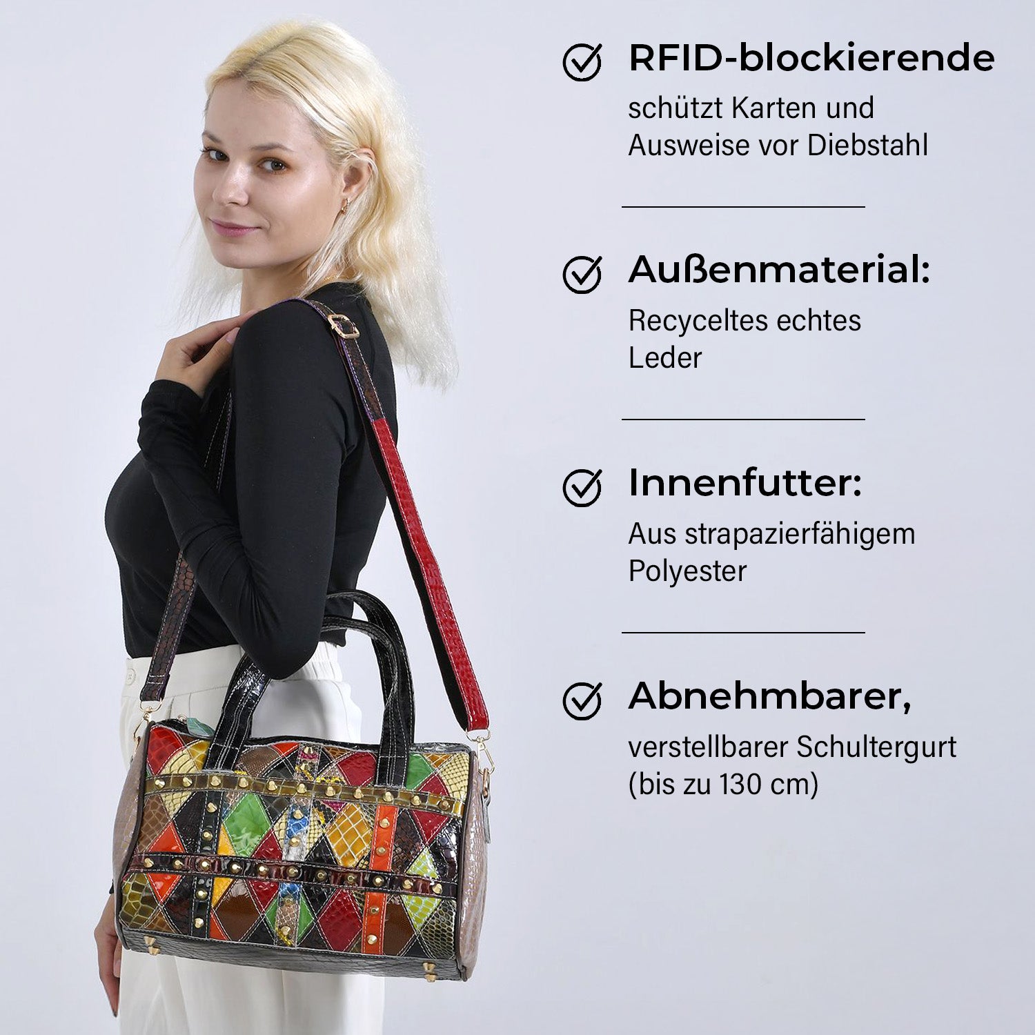 Chaos by Elsie, Crossbody-Tasche aus echtem Leder, Multicolor mit Krokoprägung, RFID-Schutz und Mini-Taschenlampe, ca. 31,5 x 17,5 x 19,5 cm