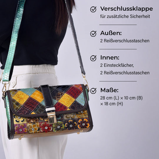 Chaos by Elsie, Crossbody-Tasche aus echtem Leder, Multicolor mit gewebtem Muster, RFID-Schutz und Mini-Taschenlampe, ca. 28 x 10 x 18 cm