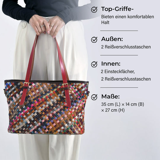 Chaos by Elsie, Multifunktionale Crossbody- und Schultertasche aus echtem Leder, Multicolor mit gewebtem Muster, RFID-Schutz und Mini-Taschenlampe, ca. 35 x 14 x 27 cm