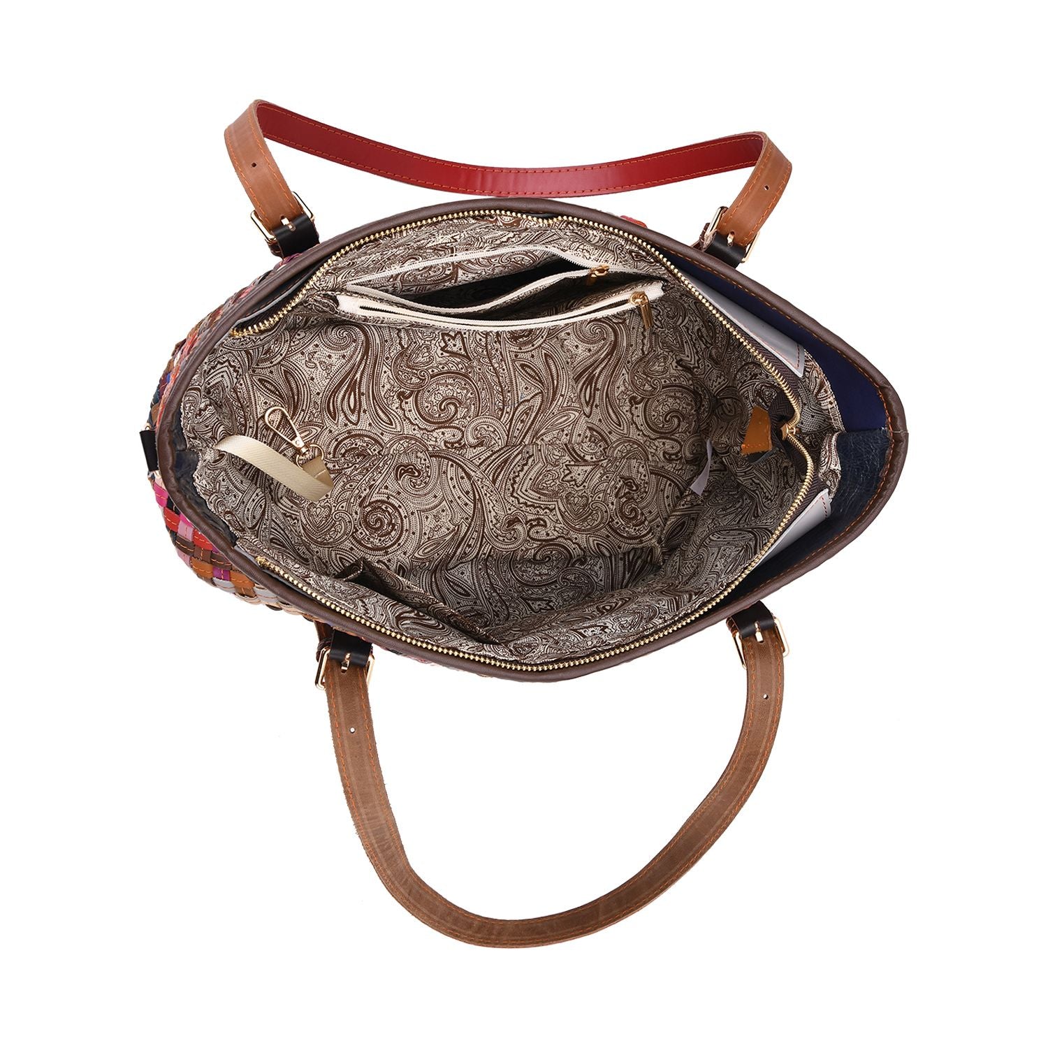 Chaos by Elsie, Multifunktionale Crossbody- und Schultertasche aus echtem Leder, Multicolor mit gewebtem Muster, RFID-Schutz und Mini-Taschenlampe, ca. 35 x 14 x 27 cm