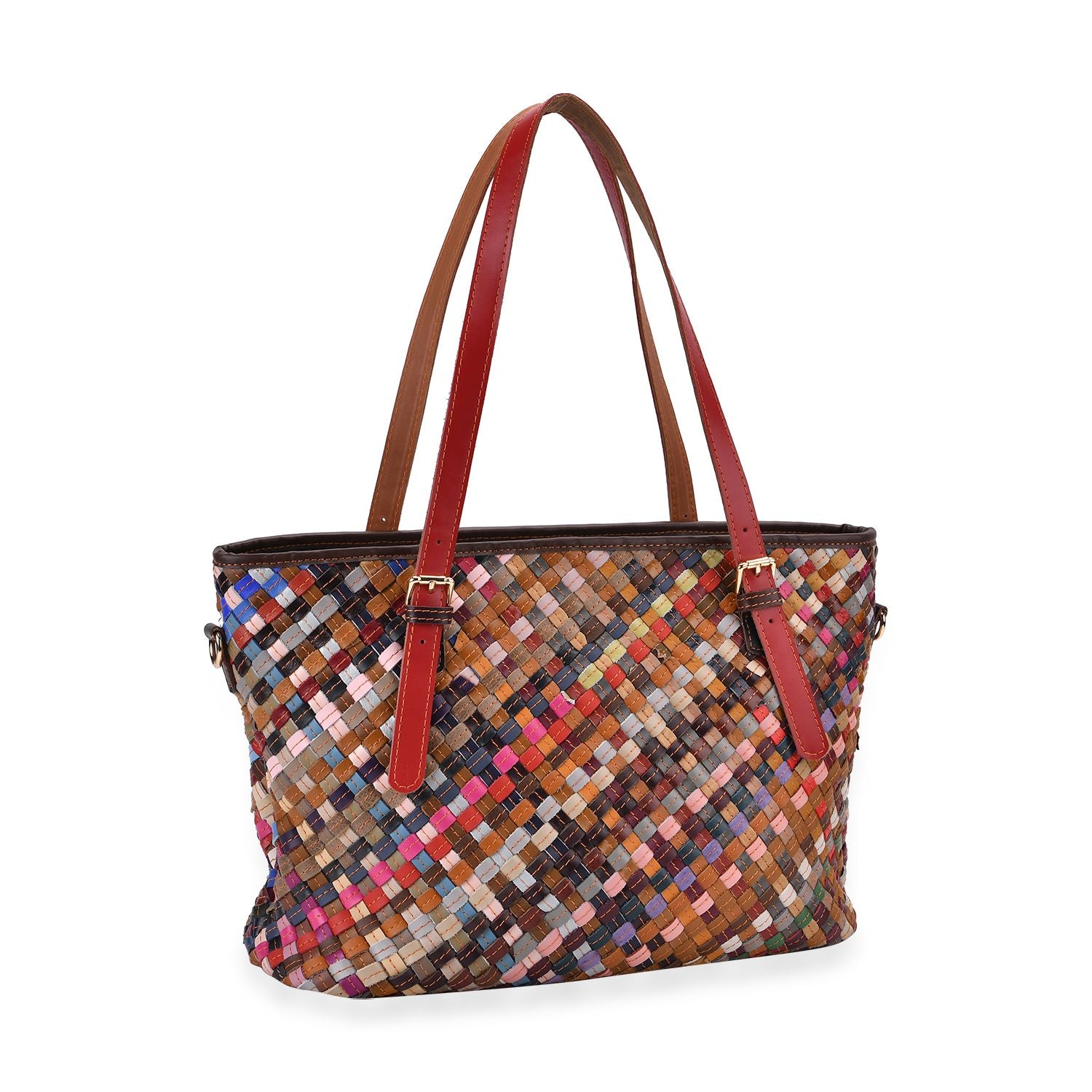 Chaos by Elsie, Multifunktionale Crossbody- und Schultertasche aus echtem Leder, Multicolor mit gewebtem Muster, RFID-Schutz und Mini-Taschenlampe, ca. 35 x 14 x 27 cm