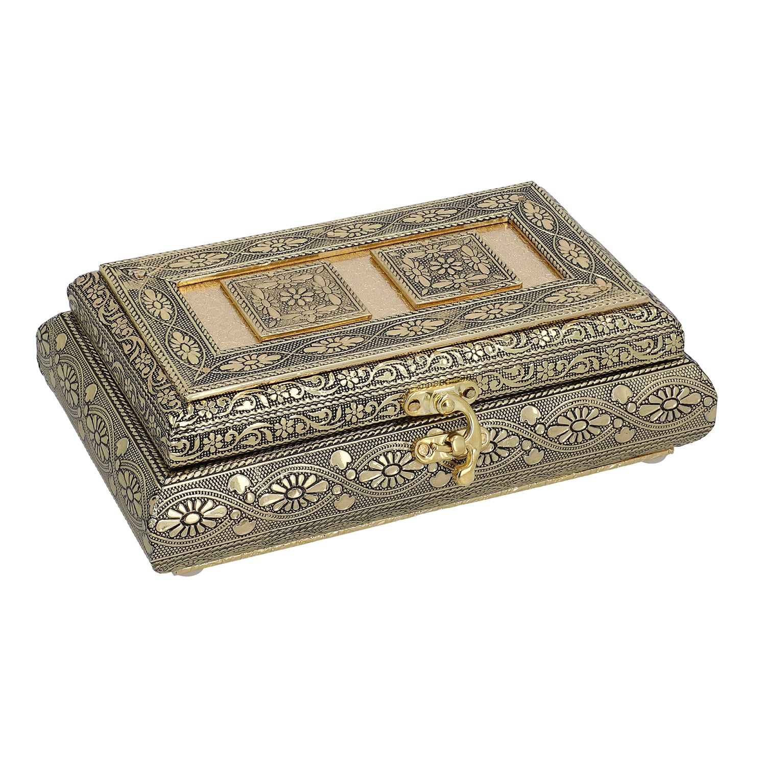 Handgefertigte Schmuckbox, Teakholz, oxidiertes Aluminium, antiker Look, 19,7x12x7,3 cm, roségoldfarben