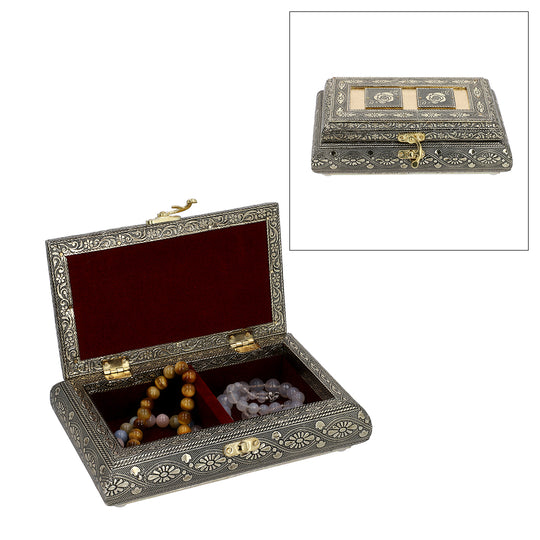 Handgefertigte Schmuckbox, Teakholz, oxidiertes Aluminium, antiker Look, 19,7x12x7,3 cm, roségoldfarben
