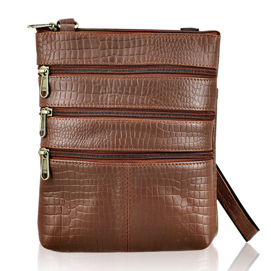 CLOSE OUT - Echtleder Crossbody Tasche mit Kroko Prägung, Multi-Fächer, 20 x 24 cm, Taupe