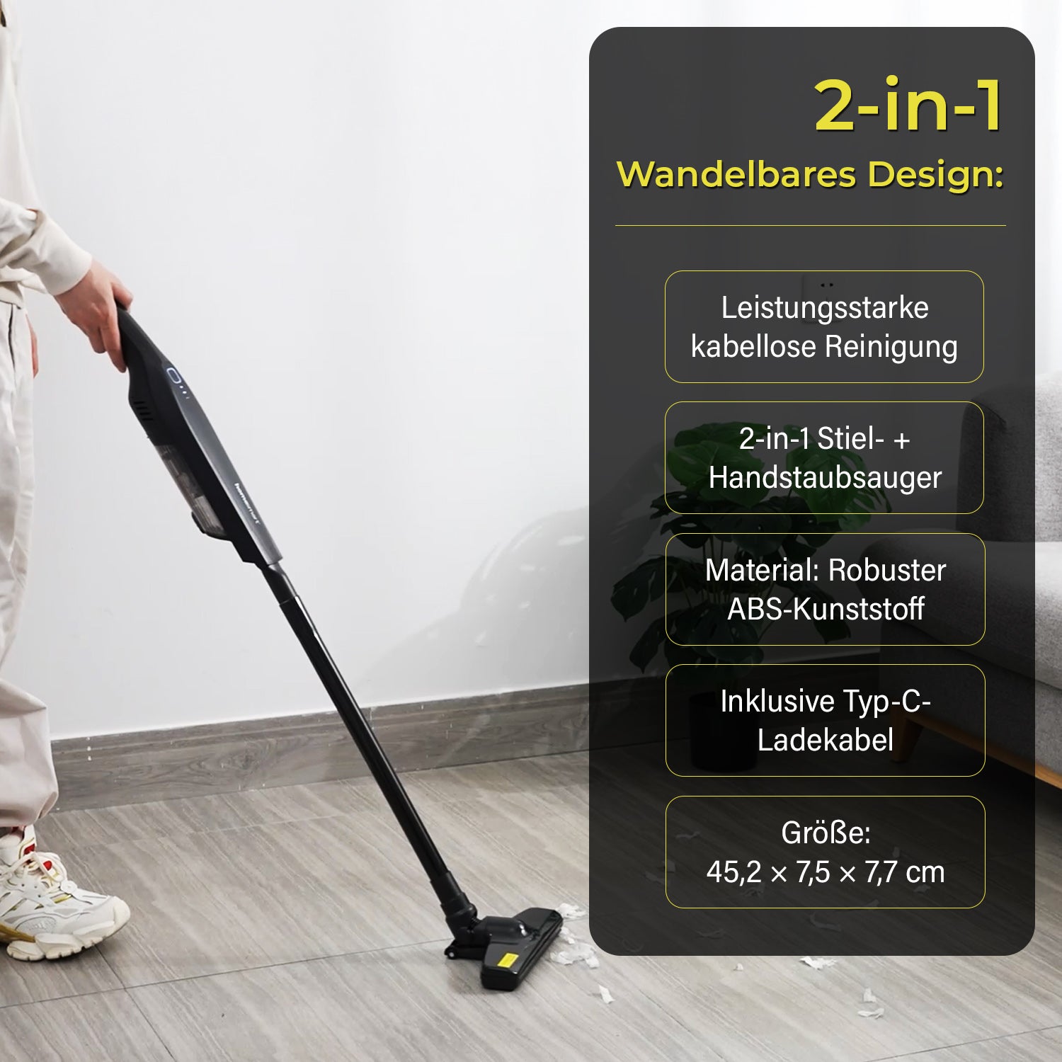 2-in-1 Stabstaubsauger, Kabellos, Handstaubsauger-Funktion, ABS, 45.2x7.5x7.7, Schwarz