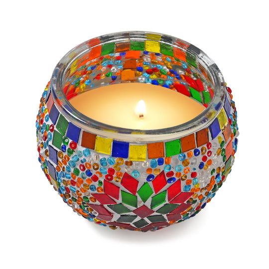 Aromatische Lavendel-Sojawachs-Duftkerze im handgefertigten Mosaikglas, ca. 10x8 cm
