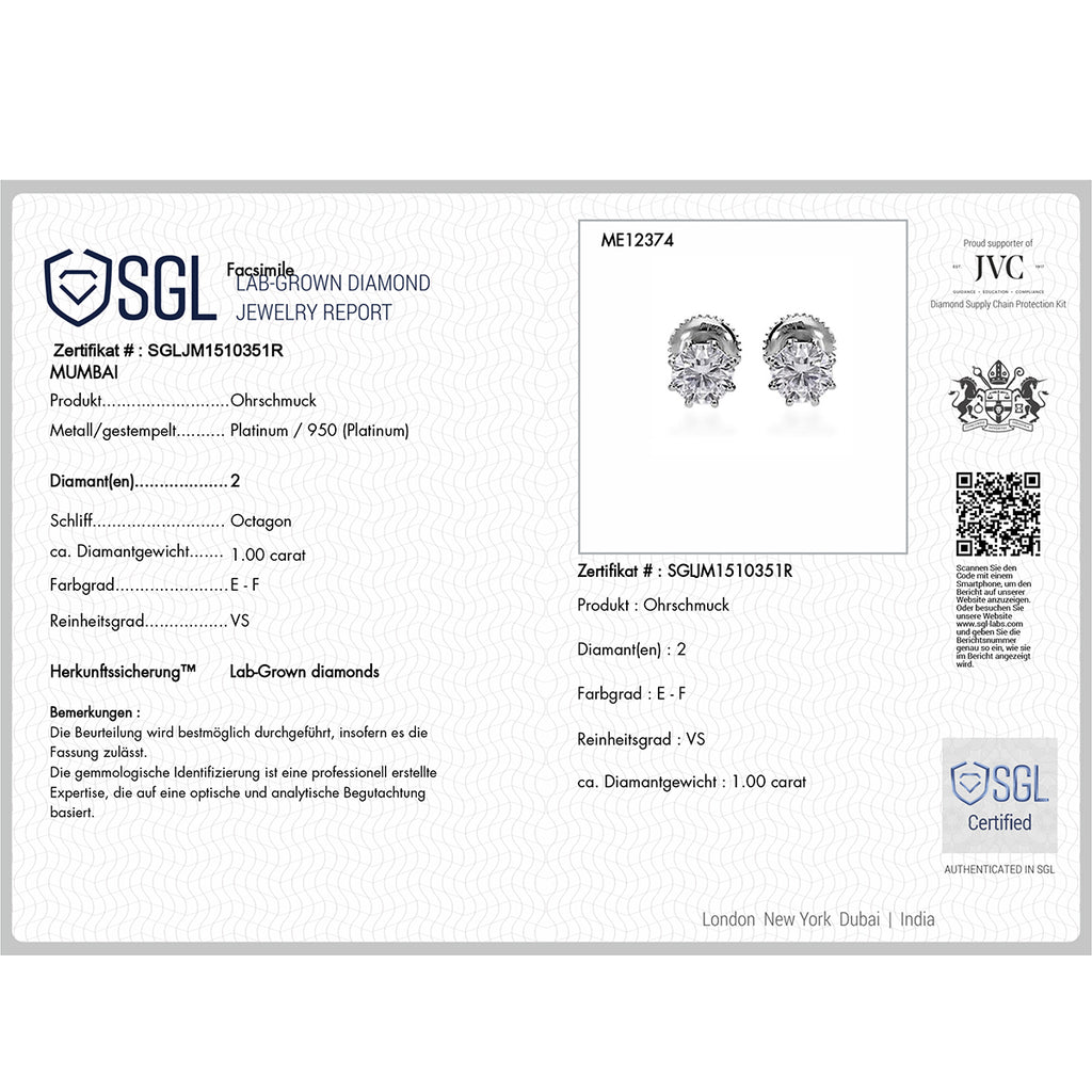 LUXURIANT DIAMOND - Lab Grown Diamant VS-EF SGL zertifiziert Ohrringe 950 Platin ca. 1.00 ct