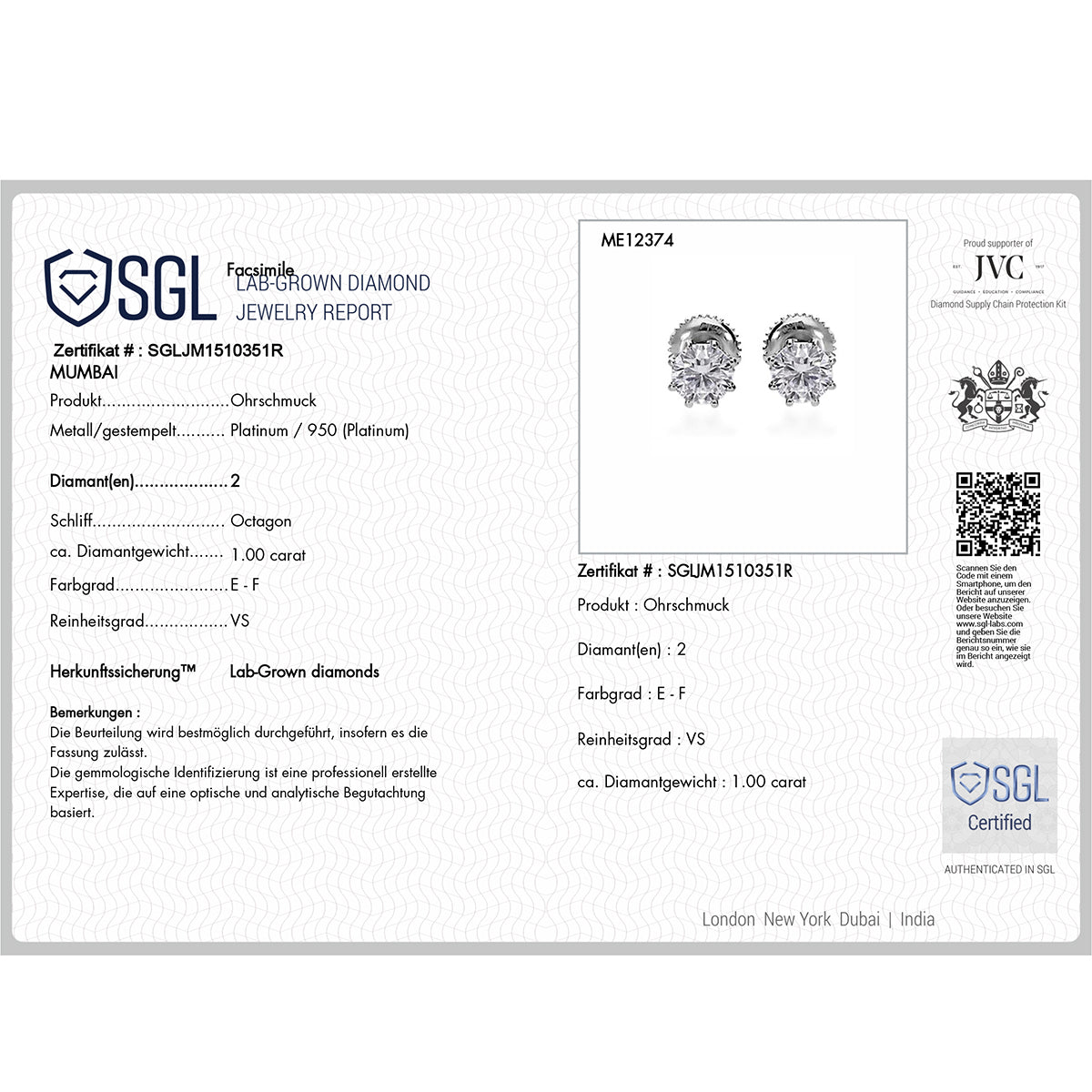 LUXURIANT 1 ct. SGL zertifizierte VS-EF Labor Diamant Ohrringe in 950 Platin