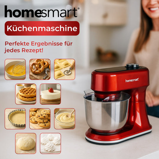 HOMESMART Küchenmaschine mit 5L Edelstahlschüssel, inkl. Knethaken, Schneebesen, Rührblatt und Spritzschutz