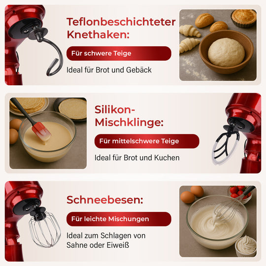 HOMESMART Küchenmaschine mit 5L Edelstahlschüssel, inkl. Knethaken, Schneebesen, Rührblatt und Spritzschutz