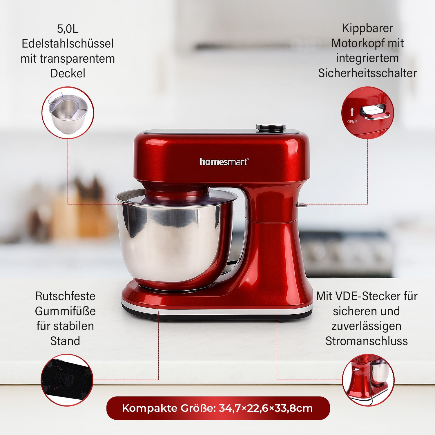 HOMESMART Küchenmaschine mit 5L Edelstahlschüssel, inkl. Knethaken, Schneebesen, Rührblatt und Spritzschutz
