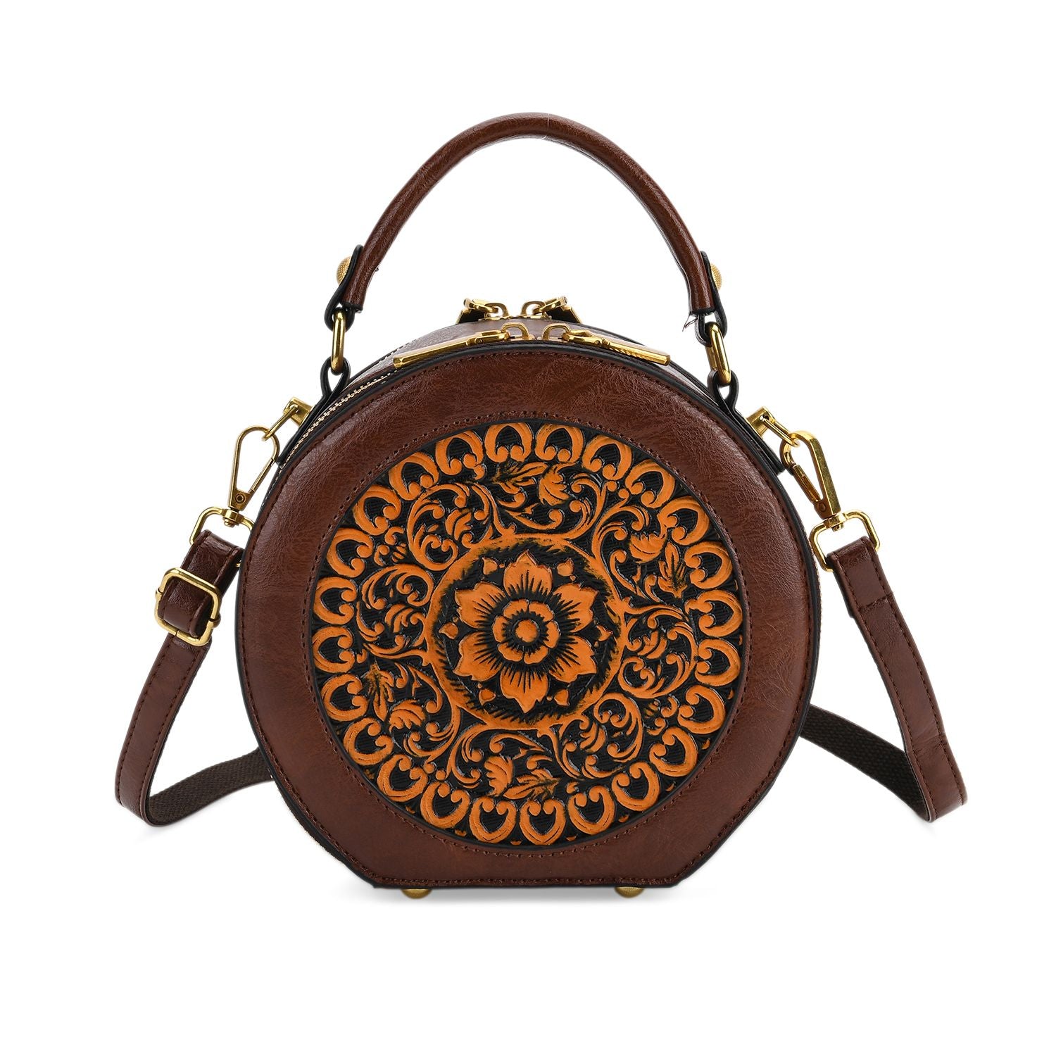 Runde Crossbody-Bag mit Mandala-Prägung, 19x8x18 cm, Braun