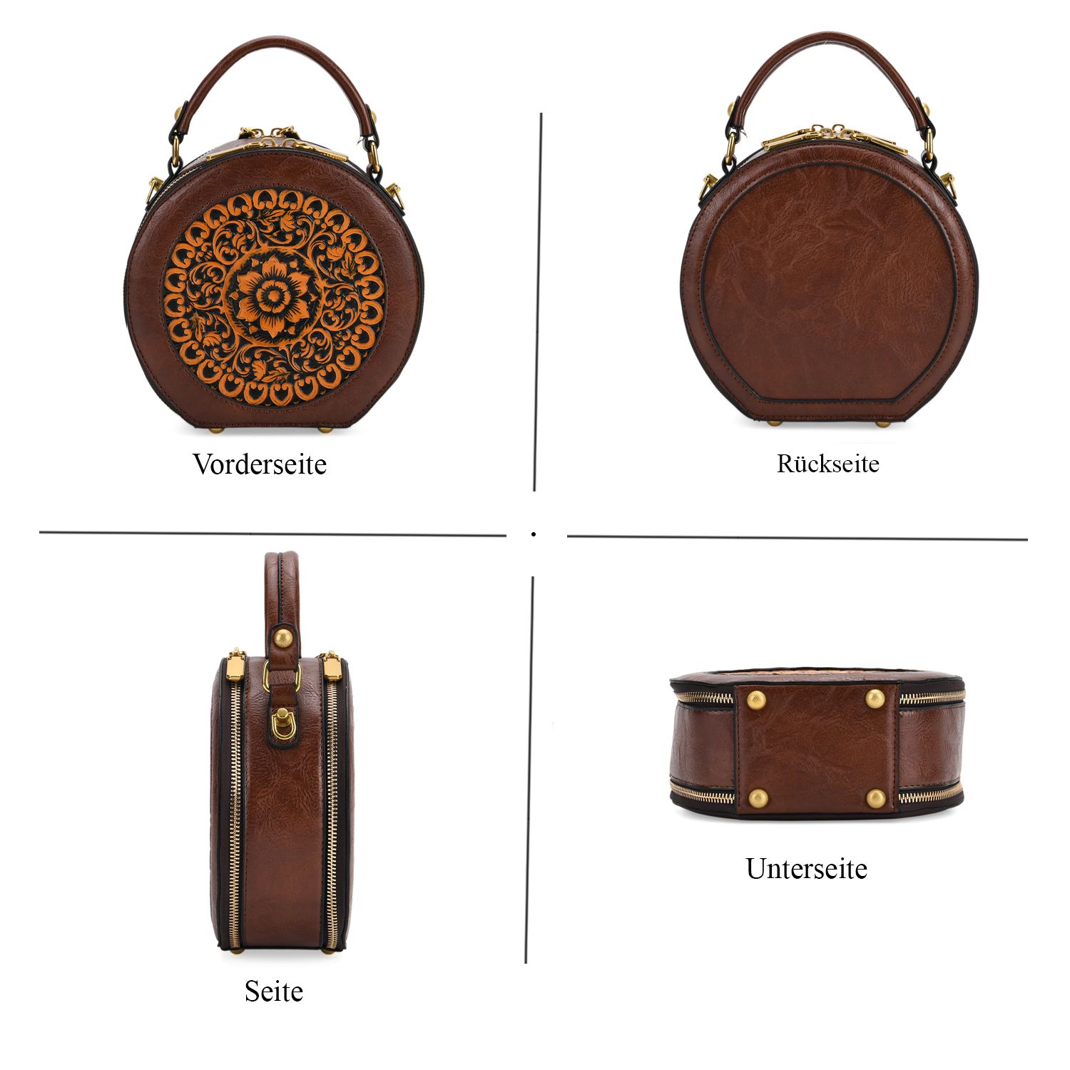 Runde Crossbody-Bag mit Mandala-Prägung, 19x8x18 cm, Braun