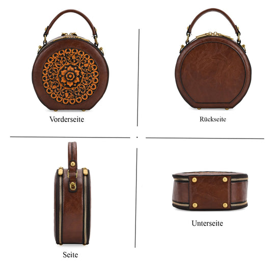 Runde Crossbody-Bag mit Mandala-Prägung, 19x8x18 cm, Braun