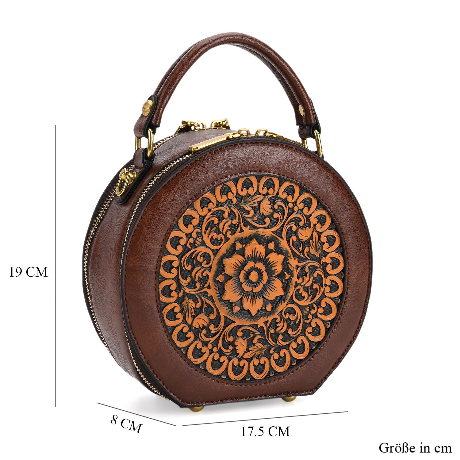 Runde Crossbody-Bag mit Mandala-Prägung, 19x8x18 cm, Braun
