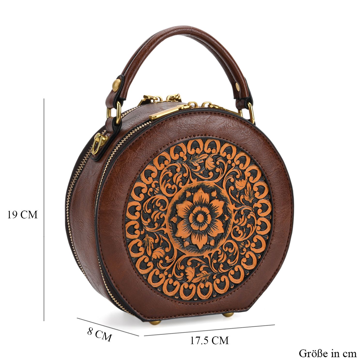 Runde Crossbody-Bag mit Mandala-Prägung, 19x8x18 cm, Braun