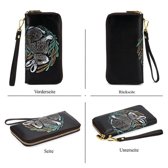 Langes Portemonnaie mit Handriemen, Hasen-Design, Handbemalt, Schwarz