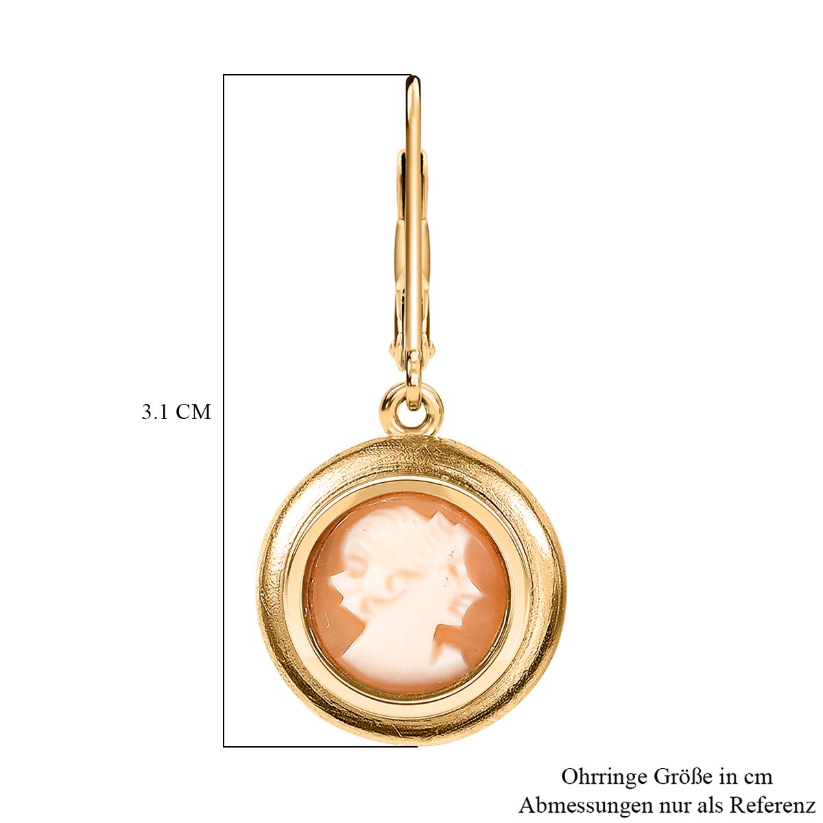 Italienische Kamee Ohrhänger aus Conch-Muschel, Messing, 19 cm, Goldfarben