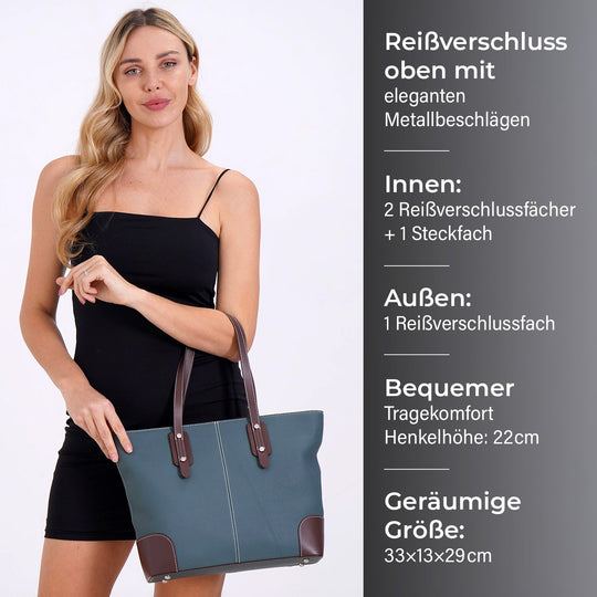 Echtleder Modische, geräumige Kontrastfarbene Tasche mit Verschluss, Größe: 33x13x29 cm, Schwarz