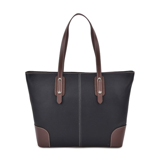 Echtleder Modische, geräumige Kontrastfarbene Tasche mit Verschluss, Größe: 33x13x29 cm, Schwarz