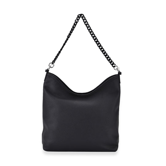 Hobo Umhängetasche aus Echtleder mit Ketten- und Lederriemen, ca. 31x11x32,5 cm, Schwarz