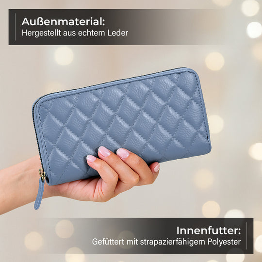 RFID-Geldbörse aus echtem Leder mit Diamantprägung, Reißverschluss, 8 Kartenfächer, 19x2.5x9.5cm, Grau