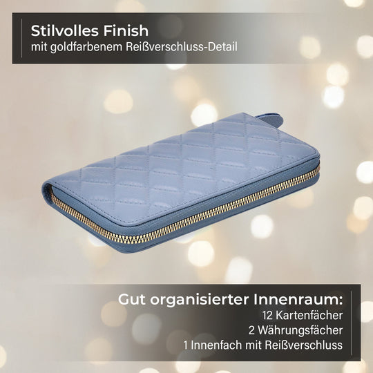 RFID-Geldbörse aus echtem Leder mit Diamantprägung, Reißverschluss, 8 Kartenfächer, 19x2.5x9.5cm, Grau
