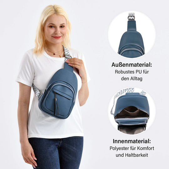 Brusttasche aus Kunstleder, mit mehreren Reißverschlussfächern und verstellbarem Schulterriemen, 30x19x10 cm, Beige