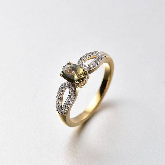 Natürlicher goldener Tansanit, Weißer Zirkon Ring 925 Silber 750 Gelbgold Vermeil (Größe 20.00) ca. 0.87 ct