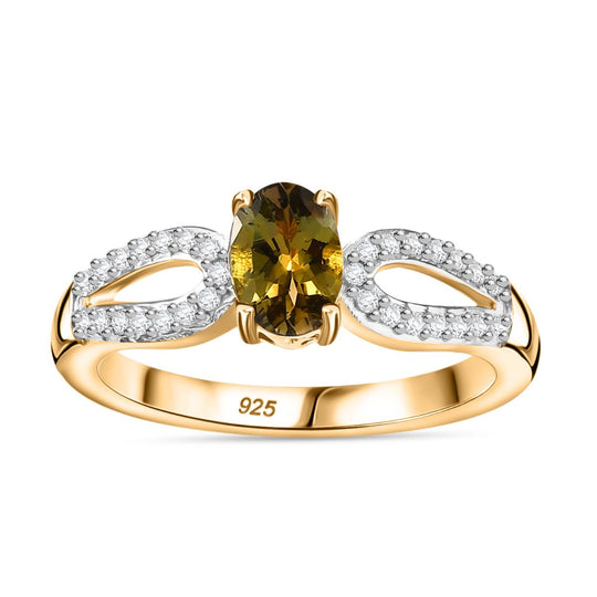 Natürlicher goldener Tansanit, Weißer Zirkon Ring 925 Silber 750 Gelbgold Vermeil (Größe 20.00) ca. 0.87 ct