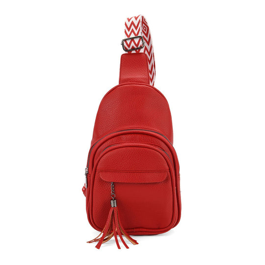 Brusttasche aus Kunstleder, mit mehreren Reißverschlussfächern und verstellbarem Schulterriemen, 30x19x10 cm, Beige