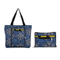 Faltbare Einkaufstasche aus wasserabweisendem Polyester, Blumenmuster, 40x43 cm, Tragegriffe 22 cm, Blau