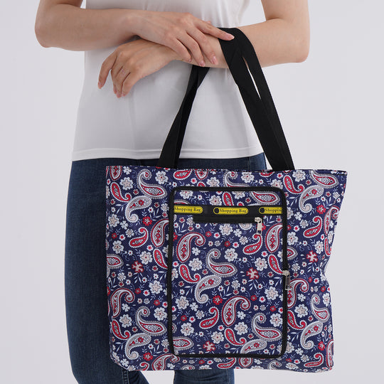 Faltbare Einkaufstasche mit Paisley-Design, wasserabweisend und strapazierfähig, mit Innen- und Außentasche, Tragelänge ca. 22 cm, 40x43 cm, Rot