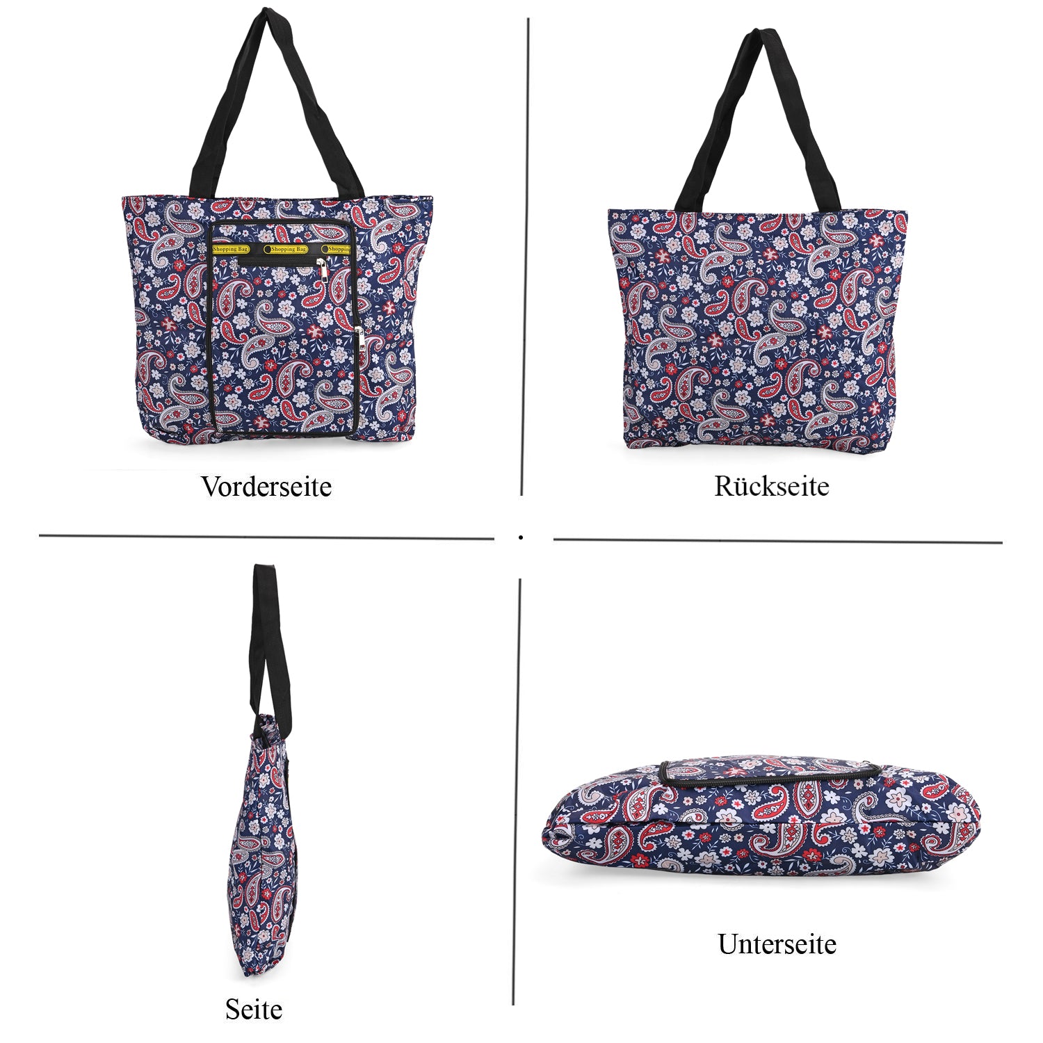 Faltbare Einkaufstasche mit Paisley-Design, wasserabweisend und strapazierfähig, mit Innen- und Außentasche, Tragelänge ca. 22 cm, 40x43 cm, Rot