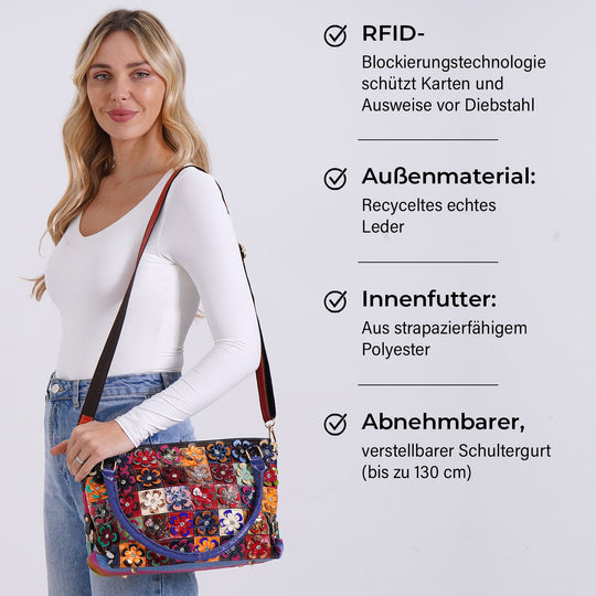 Chaos by Elsie - Echtleder-Umhängetasche mit Blumenmuster und RFID-Schutz inkl. Mini-Taschenlampe, 36x10,5x21 cm, Mehrfarbig Floral