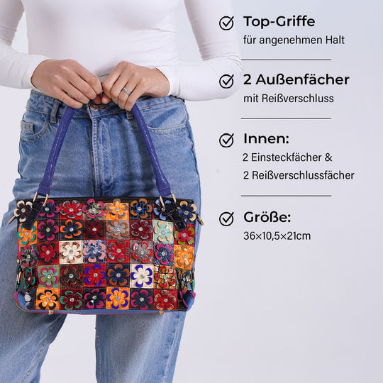 Chaos by Elsie - Echtleder-Umhängetasche mit Blumenmuster und RFID-Schutz inkl. Mini-Taschenlampe, 36x10,5x21 cm, Mehrfarbig Floral