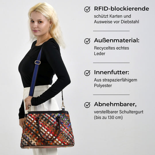 Chaos by Elsie Genuine Leather Crossbody Bag with RFID with Mini flash torch 1.Color:Multicolor Embossed crocdile shining rhomboid pattern with flower Size: 37*14.5*25CM    Handle drop:?cm             Wall: Genuine Leather Lining: Polyester