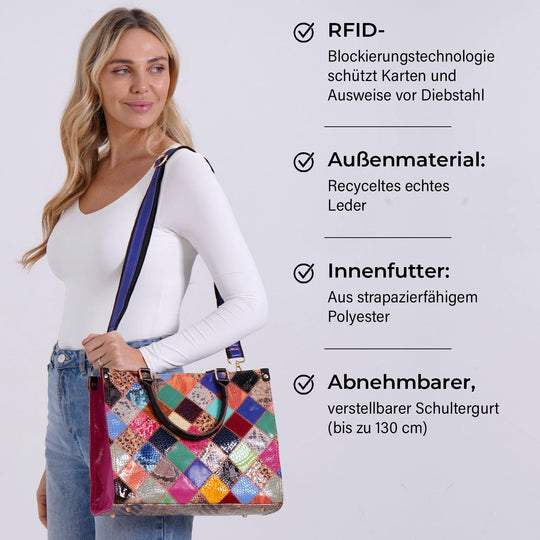 Chaos by Elsie - Umhängetasche aus 100 % Echtleder mit Mini-Taschenlampe, Rautenmuster, RFID-Schutz, 34 x 15 x 27 cm (Tasche), 9,5 x 4 cm (Taschenlampe)